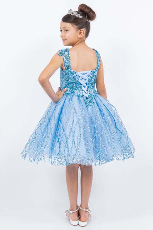 Girls Blue Embroidered Lace Applique Long Strapless Sheer Corset Ombre Flower Girl Dress 2-16